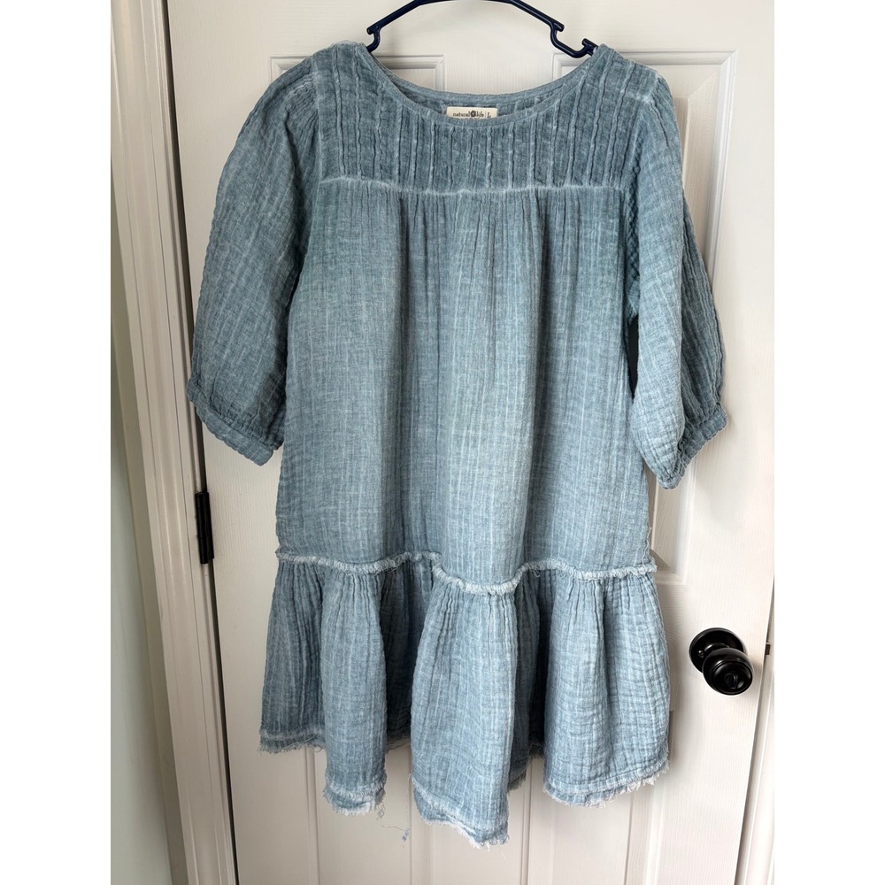 Natural Life Blue Cotton Gauze Pintuck Tiered Babydoll Tunic Dress Large Boho
